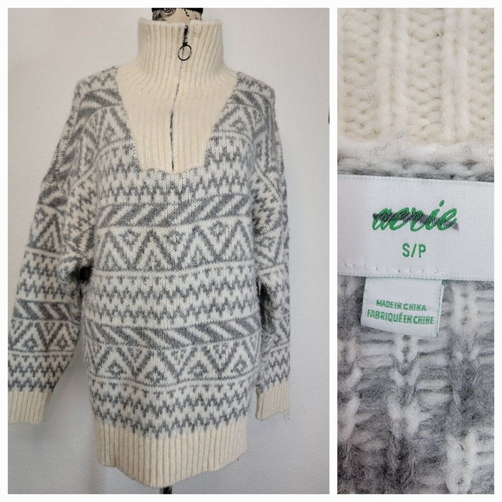 Aerie Sweater Womens Small 1/4 Zip Oversized Longline Aztec Gray